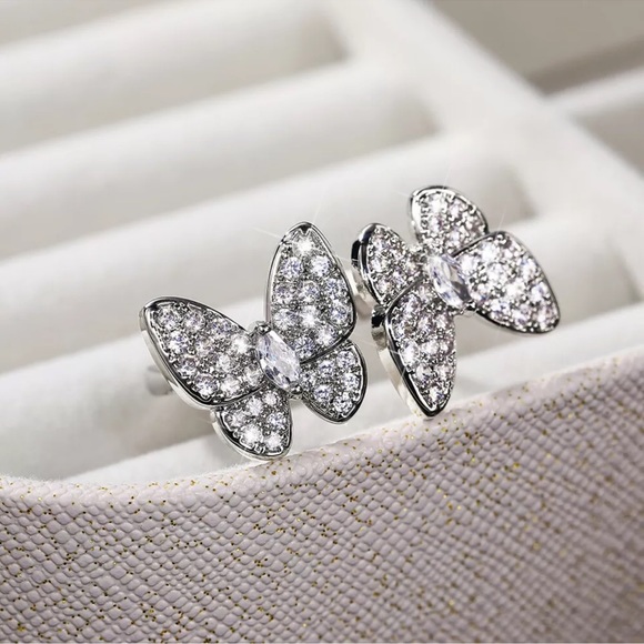 Butterfly Women 925 Silver Adjustment Ring Adorable Cubic Zirconia Party Jewelry - Picture 2 of 5